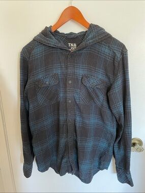 TNA Hooded Plaid Flannel Shirt Jacket – Blue & Charcoal